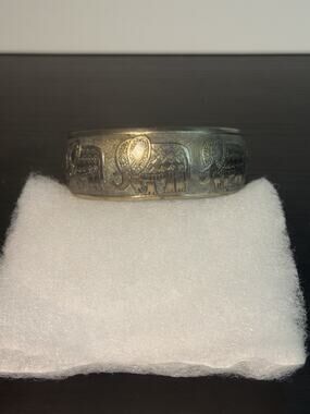 Vintage Silver Tone Embossed Elephant Parade Cuff Bracelet Thai Tribal